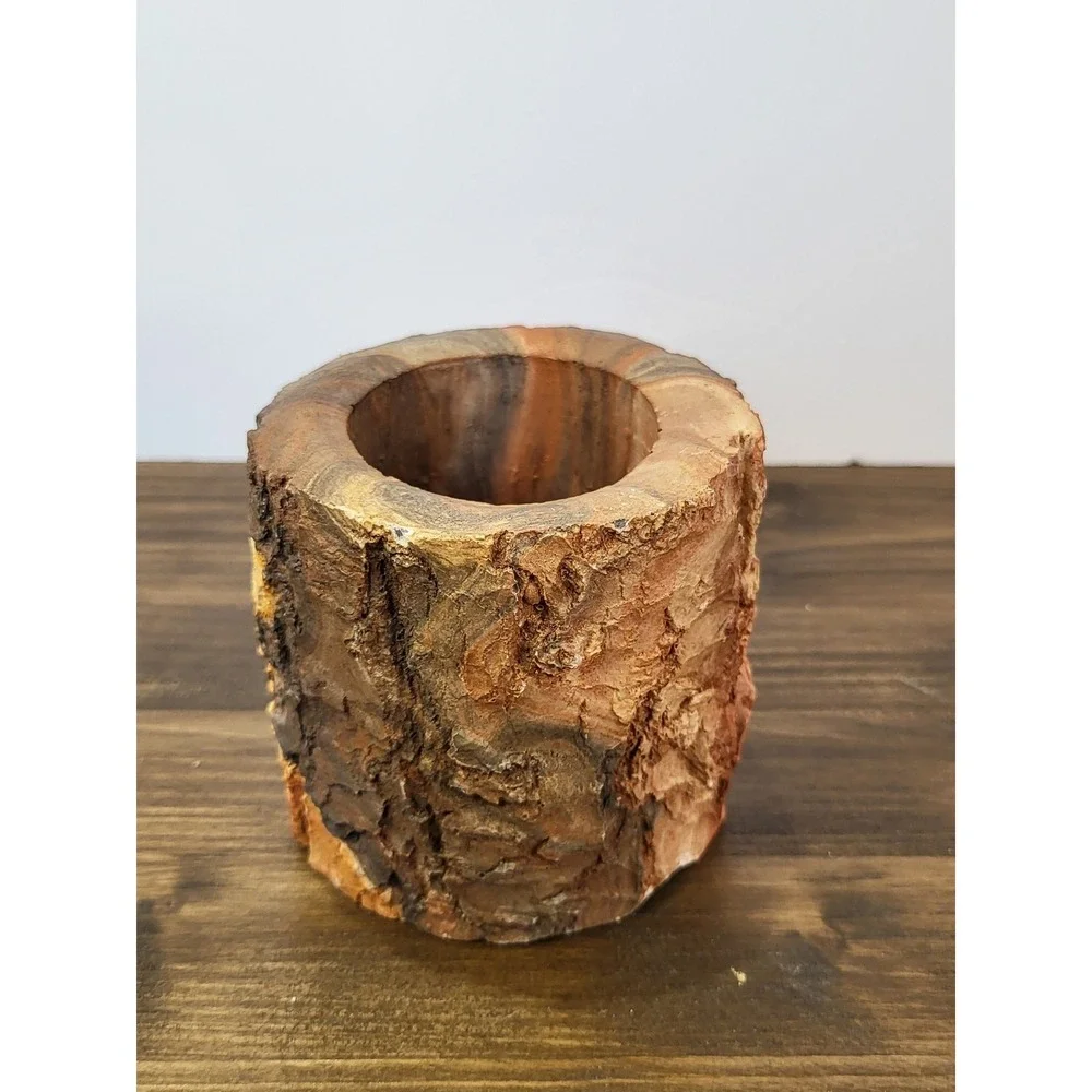 Kim Bird Signed Natural Wood Log Vessel Rustic Bark Pencil Holder Planter 4in